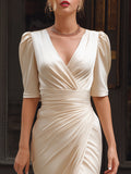 Satin Midi Dress Ruched Wrap-Front V-Neck Slit 3