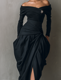 Women's Black Off-Shoulder Midi Dress Stretch Knit Woven Casual 4