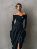 Women's Black Off-Shoulder Midi Dress Stretch Knit Woven Casual 2