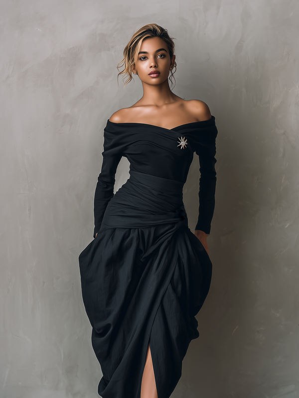 Women's Black Off-Shoulder Midi Dress Stretch Knit Woven Casual