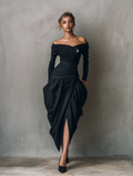 Women's Black Off-Shoulder Midi Dress Stretch Knit Woven Casual 3
