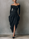 Women's Black Off-Shoulder Midi Dress Stretch Knit Woven Casual 1