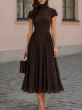 Fit-and-Flare Midi Dress Mock Neck Short Sleeve 1