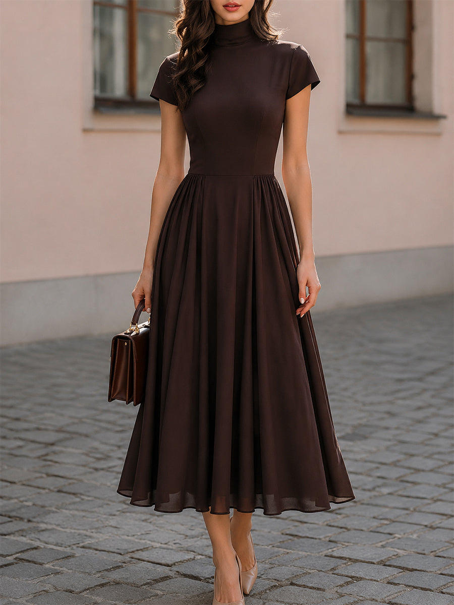 Fit-and-Flare Midi Dress Mock Neck Short Sleeve