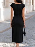 Ruched Midi Dress Cowl Neck Side Slit 2