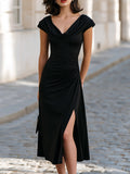 Ruched Midi Dress Cowl Neck Side Slit 1