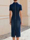 Dark Denim Bodycon Midi Dress Collared Short Sleeve Fringe Hem 2