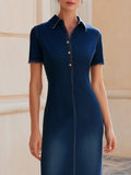 Dark Denim Bodycon Midi Dress Collared Short Sleeve Fringe Hem 3