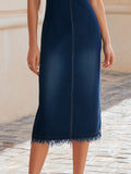Dark Denim Bodycon Midi Dress Collared Short Sleeve Fringe Hem 4
