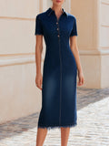 Dark Denim Bodycon Midi Dress Collared Short Sleeve Fringe Hem 1