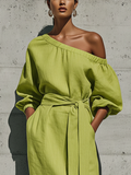 Women's Lime Green Linen Blend Off-Shoulder Midi Dress Puff Sleeve Side Slit 3