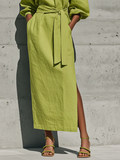 Women's Lime Green Linen Blend Off-Shoulder Midi Dress Puff Sleeve Side Slit 4