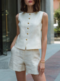 Linen Vest and Shorts Set Sleeveless Button-Up Tailored 1