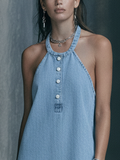 Women's Denim Halter Mini Dress Light Blue Button Raw Edge Casual 3