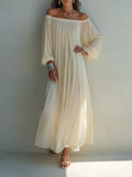 Women's Beige Chiffon Maxi Dress Off-Shoulder Pleated Lantern Sleeve 1