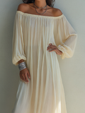 Women's Beige Chiffon Maxi Dress Off-Shoulder Pleated Lantern Sleeve 3
