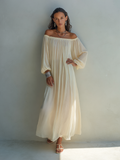 Women's Beige Chiffon Maxi Dress Off-Shoulder Pleated Lantern Sleeve 2