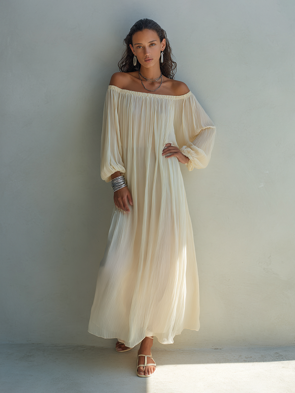 Women's Beige Chiffon Maxi Dress Off-Shoulder Pleated Lantern Sleeve
