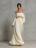 Women's Beige Chiffon Off-Shoulder Top and Skirt Set Long Sleeve 3