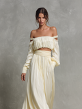 Women's Beige Chiffon Off-Shoulder Top and Skirt Set Long Sleeve 2