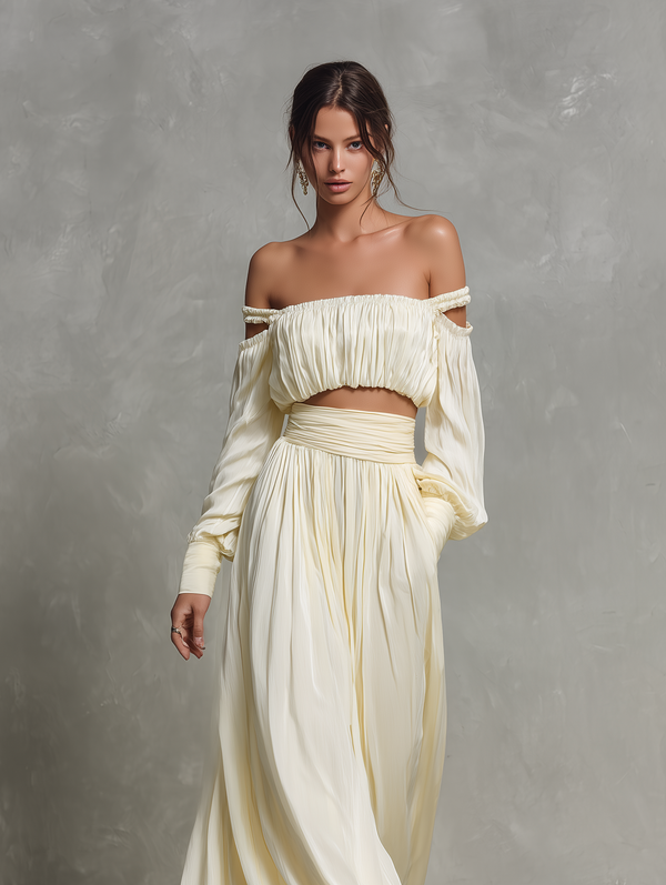 Women's Beige Chiffon Off-Shoulder Top and Skirt Set Long Sleeve