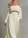 Women's Beige Chiffon Off-Shoulder Top and Skirt Set Long Sleeve 4