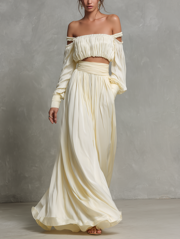 Women's Beige Chiffon Off-Shoulder Top and Skirt Set Long Sleeve
