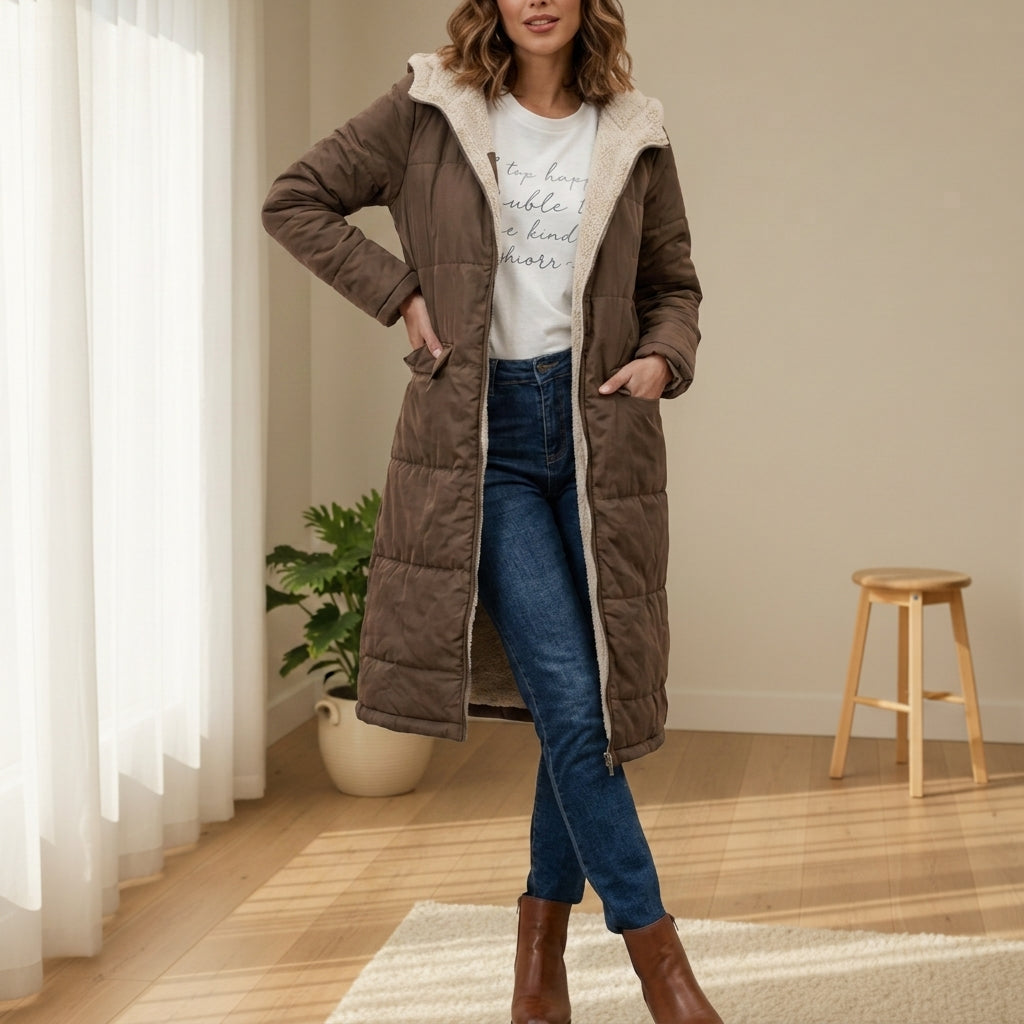 Women's Long Puffer Coat, Sherpa Lined Hooded