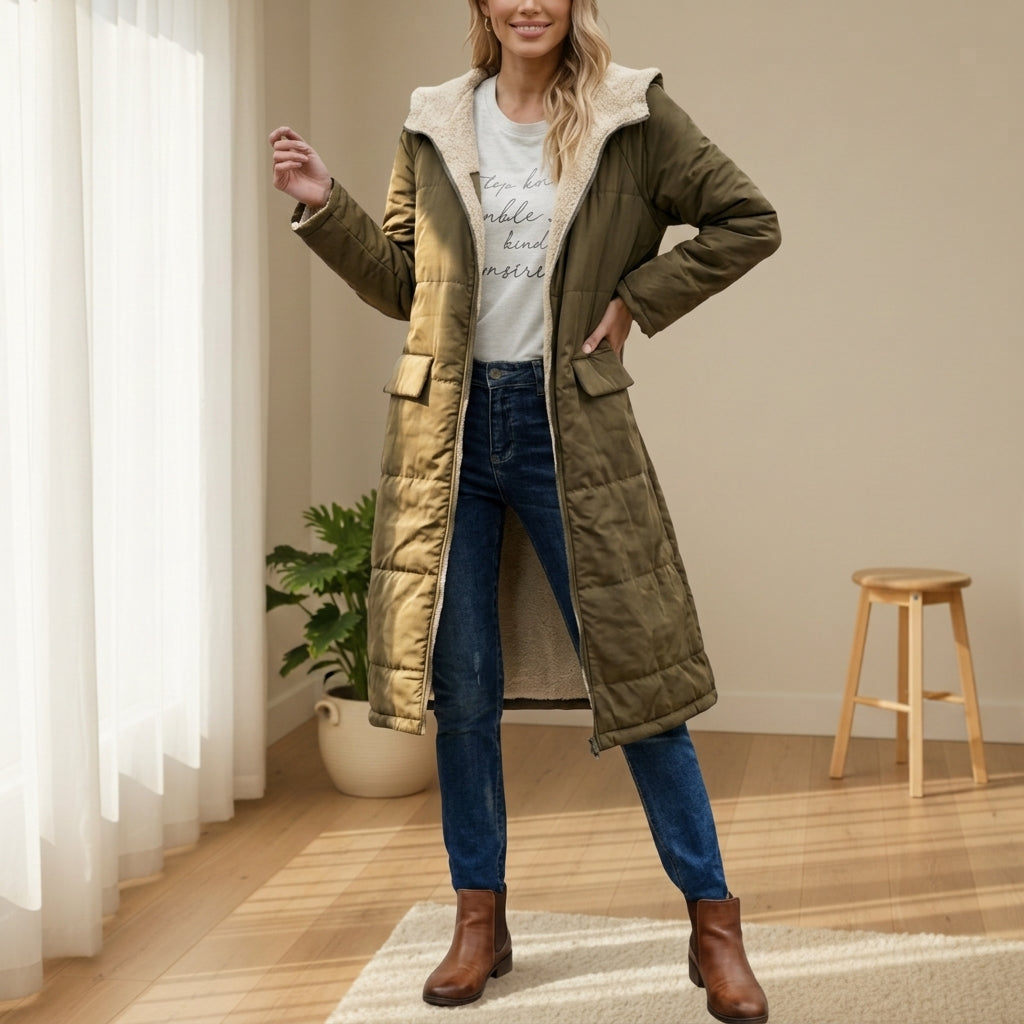 Milos | Sherpa-Lined Long Hooded Puffer Coat for Women
