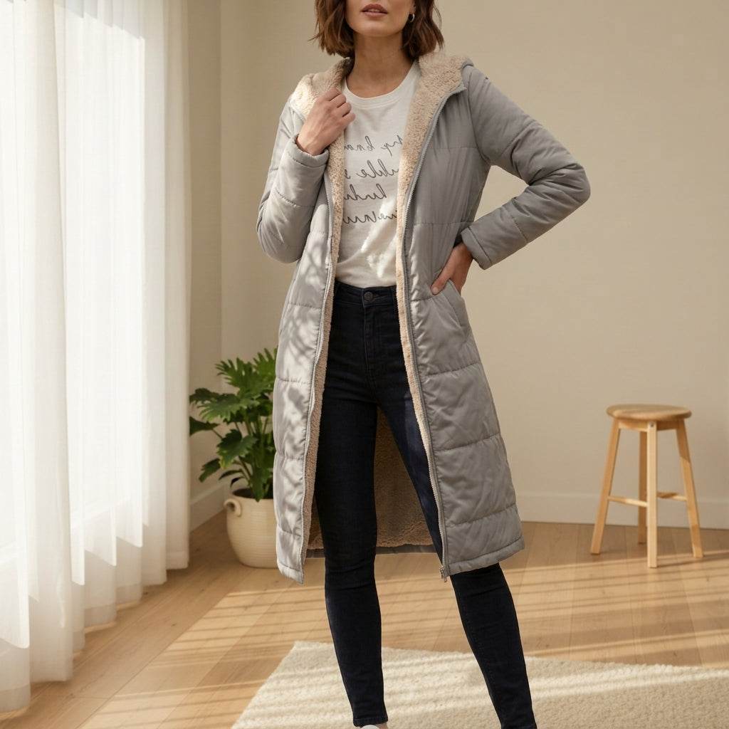 Women's Long Puffer Coat, Sherpa Lined Hooded