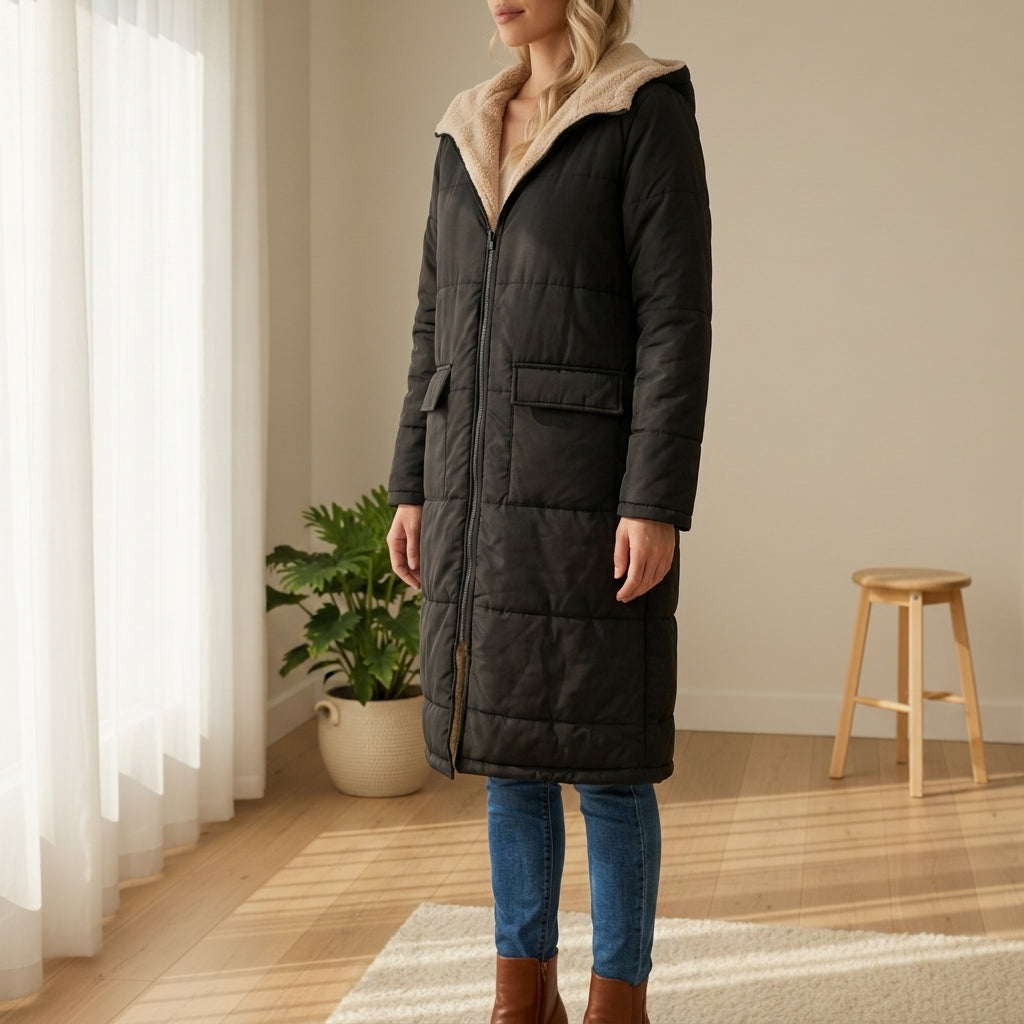Women's Long Puffer Coat, Sherpa Lined Hooded