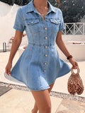 Deep Blue A-Line Denim Jacket for Women, Flared Hem 5