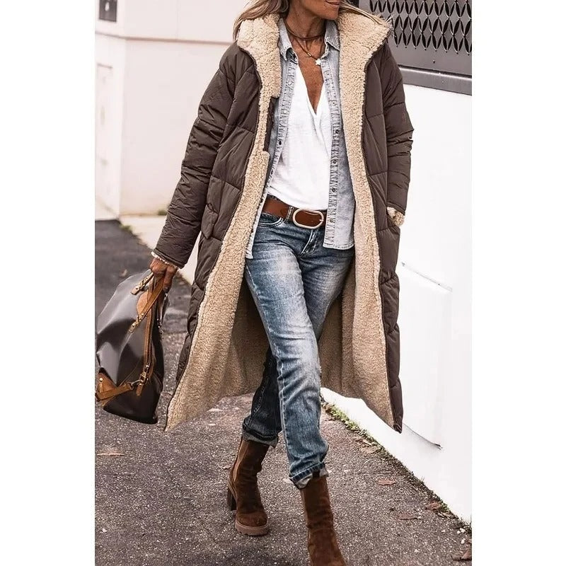 Women's Longline Puffer Coat, Sherpa Lined Open Front