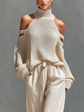 Beige Knit Cold-Shoulder Turtleneck Top and Wide-Leg Pants Set 5