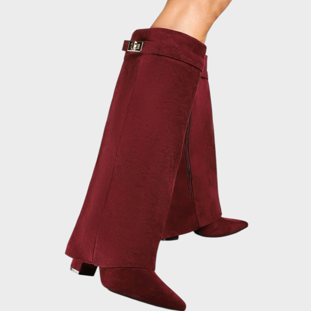 Women's Beige Suede Knee High Boots, Fold-Over Shaft Heel