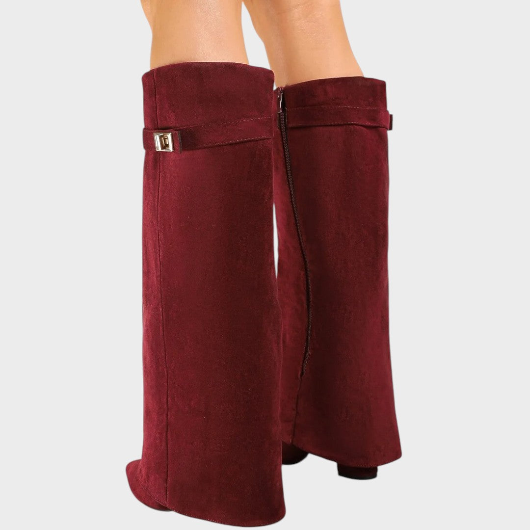 Women's Beige Suede Knee High Boots, Fold-Over Shaft Heel