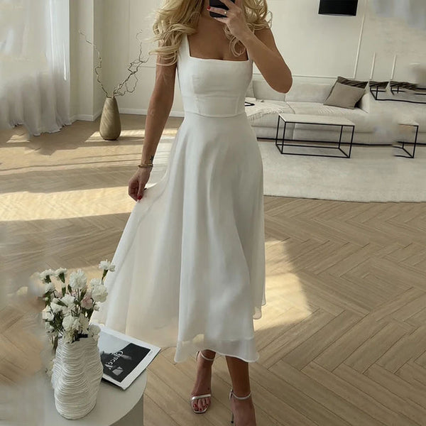 Women's Square Neck Midi Dress Wedding Guest Elegant