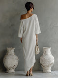 Ivory Cotton Linen One-Shoulder Flowing Midi Dress 6