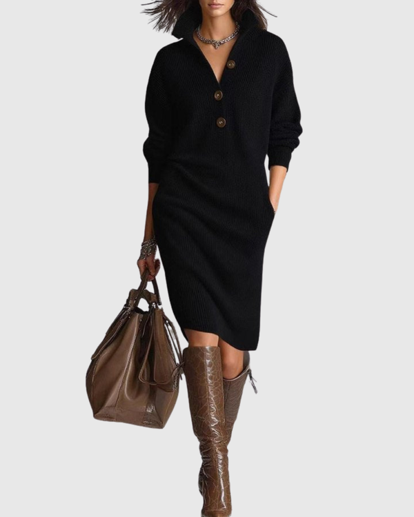 Women's Knit Jumper Dress, Button Collar Midi with Pockets