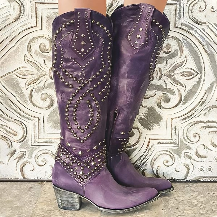 Studded Western Boots for Women, Block Heel