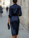Satin Draped-Collar Midi Dress with Black Belt 5