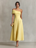 Women's Yellow Linen Dress One-Shoulder Fitted Waist Elegant 2