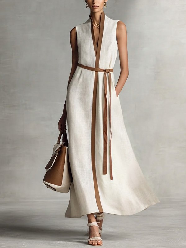 Women's Cotton Linen Maxi Dress Sleeveless V-Neck Tie Waist