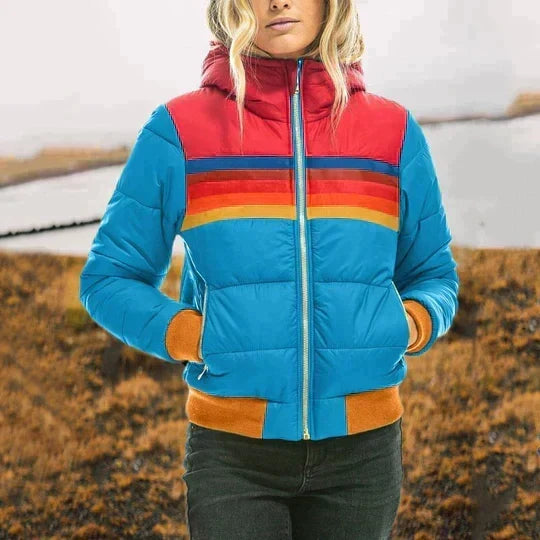 Women's Retro Puffer Jacket, Hooded Rainbow Stripe