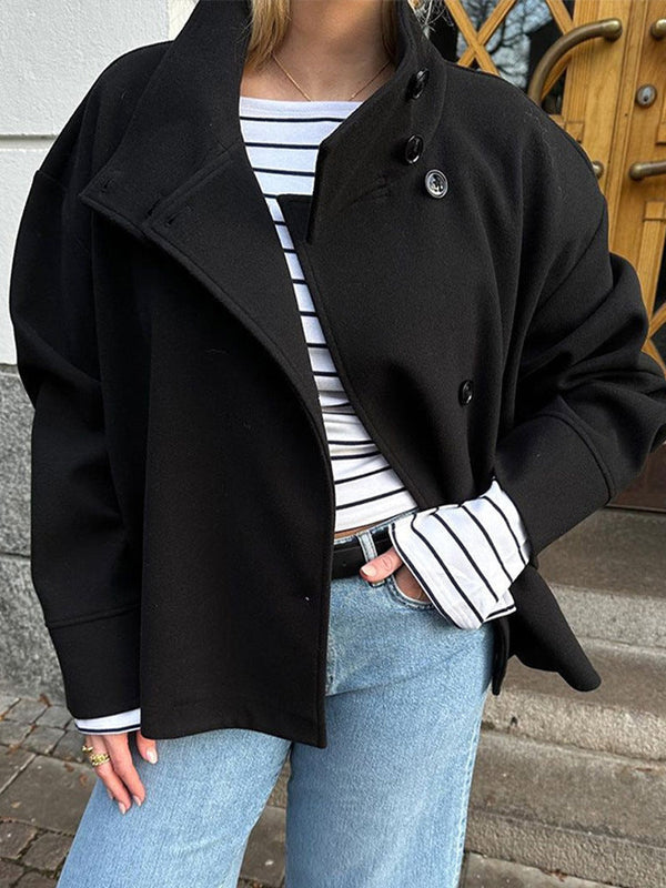 Cropped Funnel Neck Oversized Wool Jacket for Women