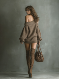 Women's Brown Knit Mini Dress Off-Shoulder Fitted 5