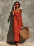 Red Cotton Spaghetti Strap Square Neck Boho Midi Dress 2