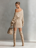 Women's Beige Cable Knit Off-Shoulder Mini Dress 6