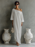 Ivory Cotton Linen One-Shoulder Flowing Midi Dress 2