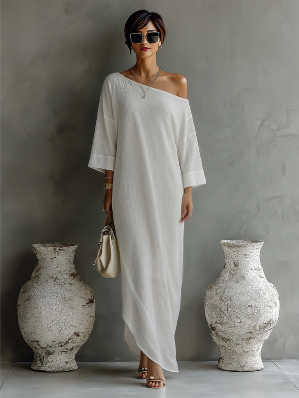 Ivory Cotton Linen One-Shoulder Flowing Midi Dress